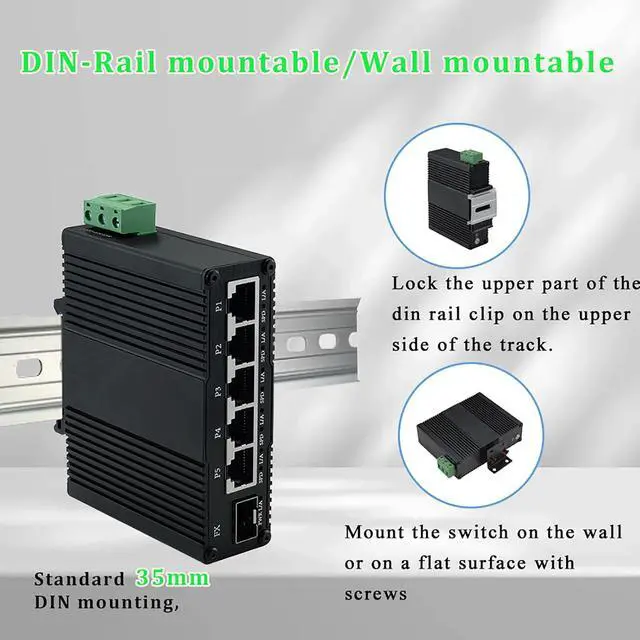 Alt view image 5 of 7 - Industrial Unmanaged 5 Ports Gigabit Ethernet Switch with 1 SFP Switch Din Rail 85-250V AC Network Fiber Switch Wall Mount 5 RJ45 1 SFP 1000M Switch 10/100/1000Mbps