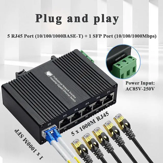 Alt view image 6 of 7 - Industrial Unmanaged 5 Ports Gigabit Ethernet Switch with 1 SFP Switch Din Rail 85-250V AC Network Fiber Switch Wall Mount 5 RJ45 1 SFP 1000M Switch 10/100/1000Mbps