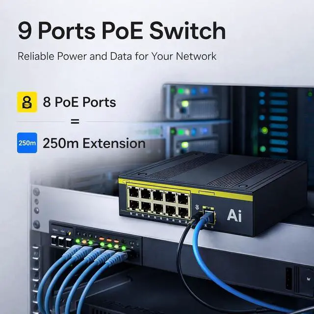 Alt view image 2 of 7 - 9 Ports PoE Switch with 8 PoE Ports and 1 Uplink Port, 10 / 100Mbps, IP40 Protection, Wide Power Input - Industrial Grade Design, Advanced Network Protection, Ideal for Rail Tran