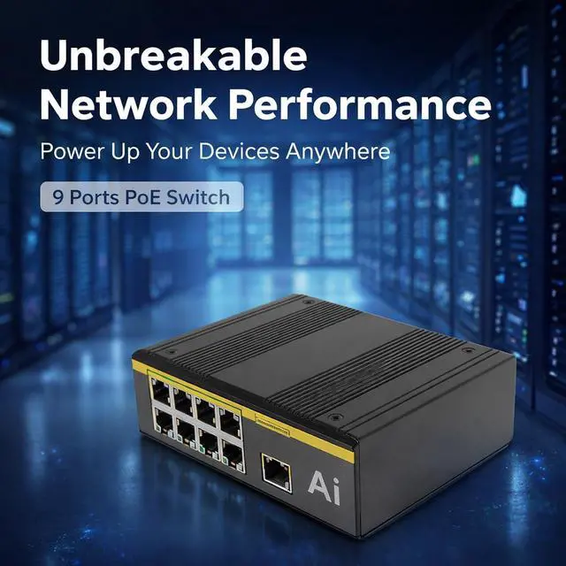 Alt view image 3 of 7 - 9 Ports PoE Switch with 8 PoE Ports and 1 Uplink Port, 10 / 100Mbps, IP40 Protection, Wide Power Input - Industrial Grade Design, Advanced Network Protection, Ideal for Rail Tran