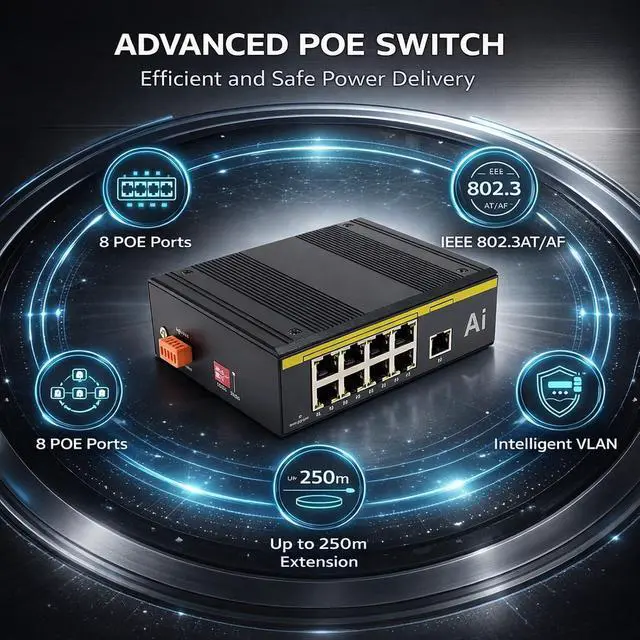 Alt view image 4 of 7 - 9 Ports PoE Switch with 8 PoE Ports and 1 Uplink Port, 10 / 100Mbps, IP40 Protection, Wide Power Input - Industrial Grade Design, Advanced Network Protection, Ideal for Rail Tran