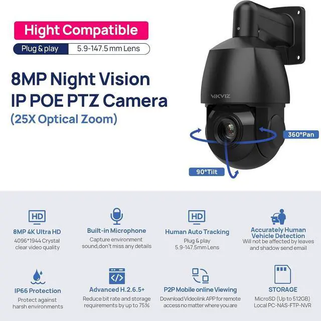 Alt view image 2 of 7 - 4K POE PTZ Camera Outdoor with Auto Tracking, 25X Optical Zoom 5.9-147.5mm Lens Speed Dome, AI Human/Vehicle Detection,Two-Way Talk,328ft IR Night Vision,Compatible with Blue Iris,NDAA Compliant,Black