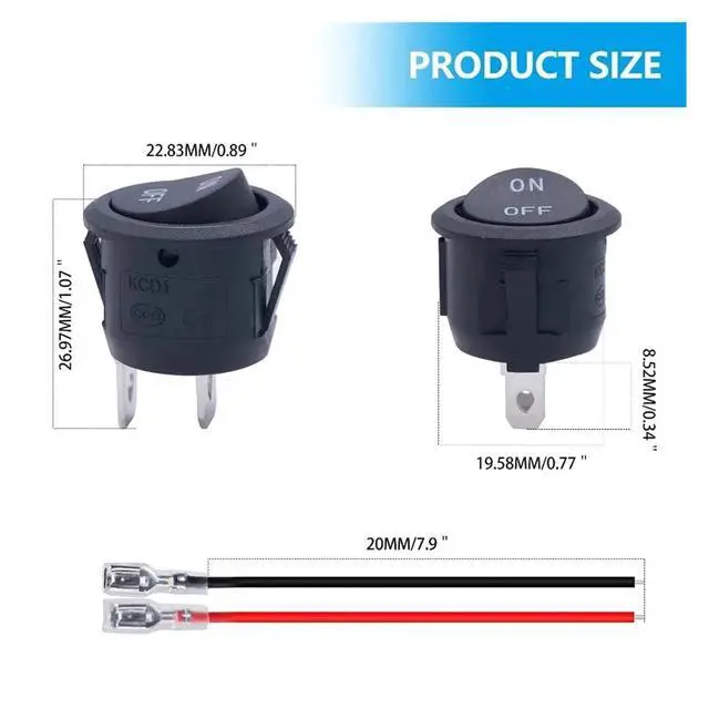 Alt view image 3 of 7 - 12V Round Rocker Switch AC 6A/250V 10A/125V SPST 2 Pin 2 Position On/Off Toggle Switch for Car Boat Automotive RV Black(20PCS)