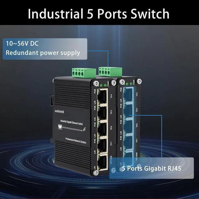 Alt view image 2 of 7 - 5-Port Industrial Gigabit Ethernet Switch DIN Rail Mount Unmanaged Network Switch for Network Communications 10/100/1000Mbps RJ45 Aluminum Case