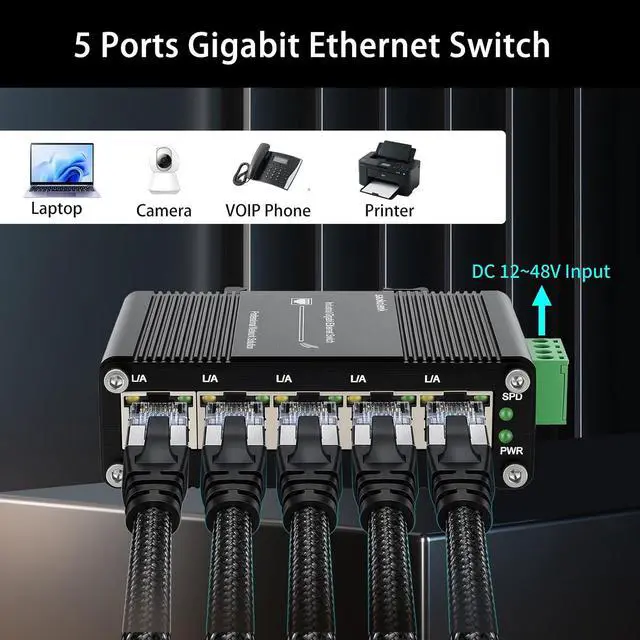 Alt view image 6 of 7 - 5-Port Industrial Gigabit Ethernet Switch DIN Rail Mount Unmanaged Network Switch for Network Communications 10/100/1000Mbps RJ45 Aluminum Case