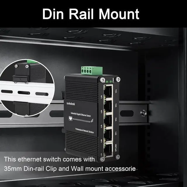 Alt view image 3 of 7 - 5-Port Industrial Gigabit Ethernet Switch DIN Rail Mount Unmanaged Network Switch for Network Communications 10/100/1000Mbps RJ45 Aluminum Case