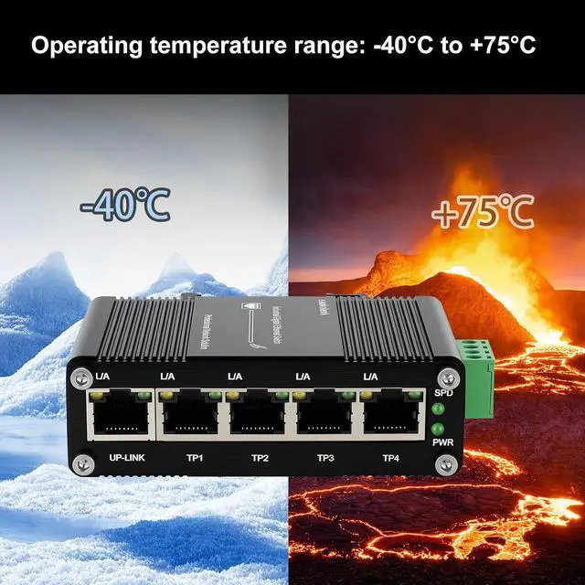Alt view image 4 of 7 - 5-Port Industrial Gigabit Ethernet Switch DIN Rail Mount Unmanaged Network Switch for Network Communications 10/100/1000Mbps RJ45 Aluminum Case