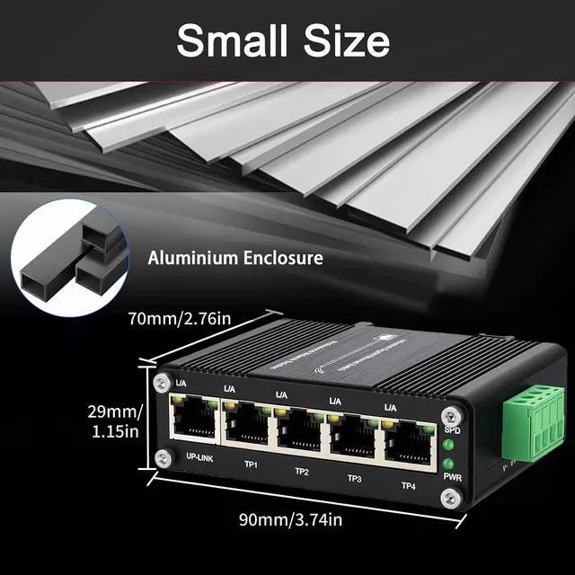 Alt view image 5 of 7 - 5-Port Industrial Gigabit Ethernet Switch DIN Rail Mount Unmanaged Network Switch for Network Communications 10/100/1000Mbps RJ45 Aluminum Case