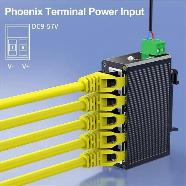 Alt view image 4 of 6 - 5 Port 100M Industrial Switch 10/100Mbps Mini Network Ethernet Switch 35mm DIN-Rail Mounted and Play DC 9-57V