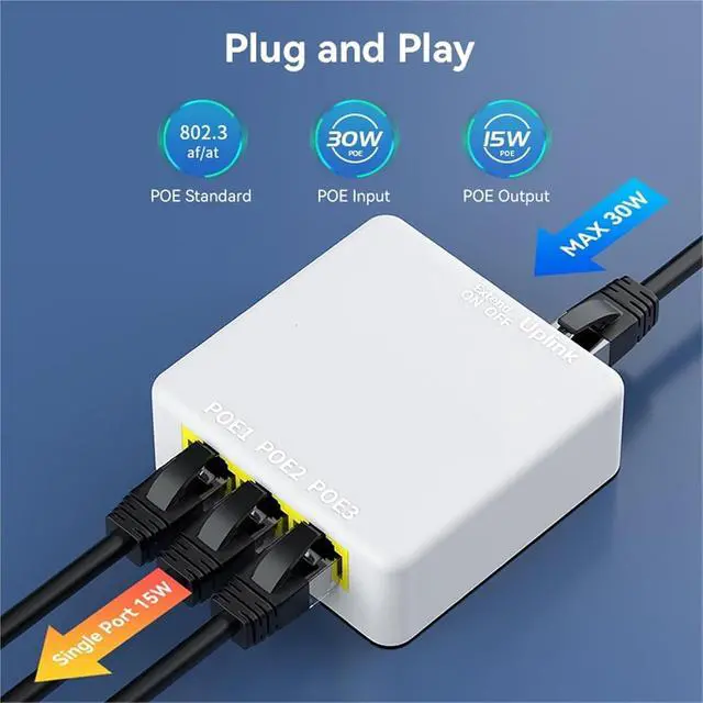 Alt view image 4 of 7 - 4 Port 100M PoE Extender 100Mbps 1 to 3 Network Switch Repeater with IEEE802.3af &Play for PoE Switch NVR Camera AP