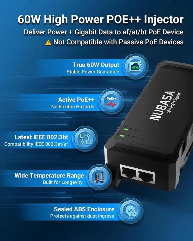 Alt view image 4 of 7 - PoE Network Kit: 5-Port Passthrough Switch + 60W PoE++ Injector Extend Power & Data Up to 656ft for Cameras, Access Points & Remote Devices