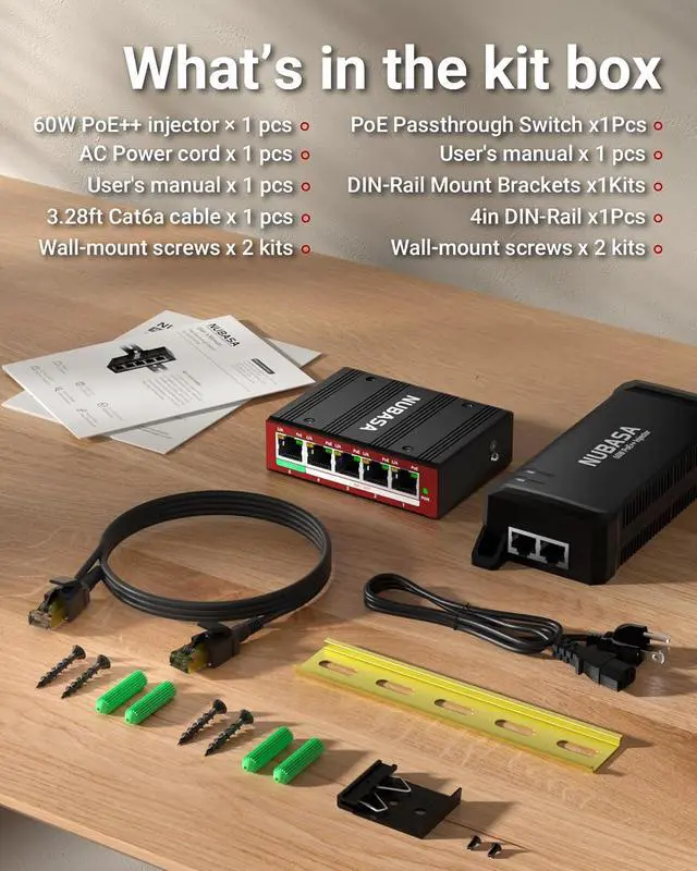Alt view image 7 of 7 - PoE Network Kit: 5-Port Passthrough Switch + 60W PoE++ Injector Extend Power & Data Up to 656ft for Cameras, Access Points & Remote Devices