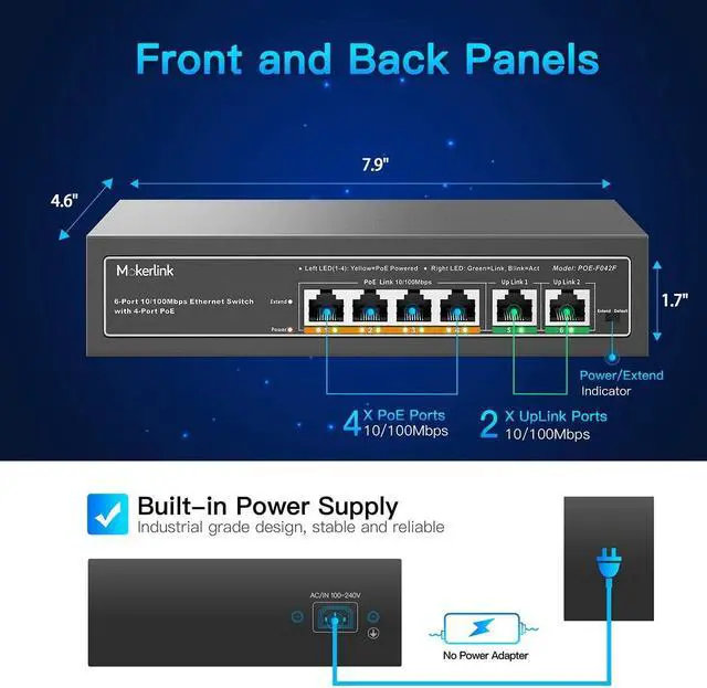 Alt view image 6 of 7 - MokerLink PoE Switch, 6 Port and 10 Port PoE Switch, Support IEEE802.3af/at, Fanless Metal Plug & Play