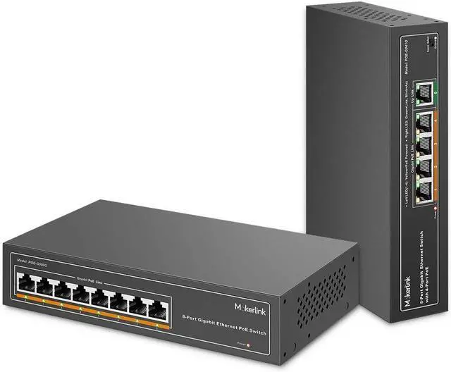 Main image of MokerLink Gigabit POE Switch, 5 Port and 8 Port PoE Switch, IEEE802.3af/at, Unmanaged Plug and Play, Sturdy Metal Fanless