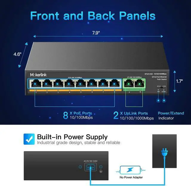 Alt view image 7 of 7 - MokerLink PoE Switch, 6 Port and 10 Port PoE Switch, Support IEEE802.3af/at, Fanless Metal Plug & Play