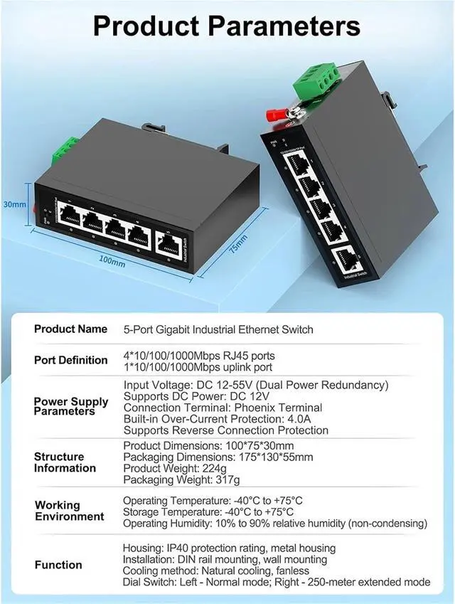 Alt view image 4 of 7 - Network Switch 5 Port Gigabit Industrial Switch 1000Mbps Industrial Ethernet Switch DIN Rail Mounted