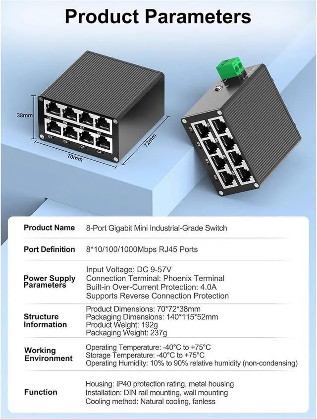 Alt view image 4 of 7 - Network Switch 8 Port Gigabit Industrial Switch 1000Mbps Ethernet Switch DIN Rail Mounted Plug and Play