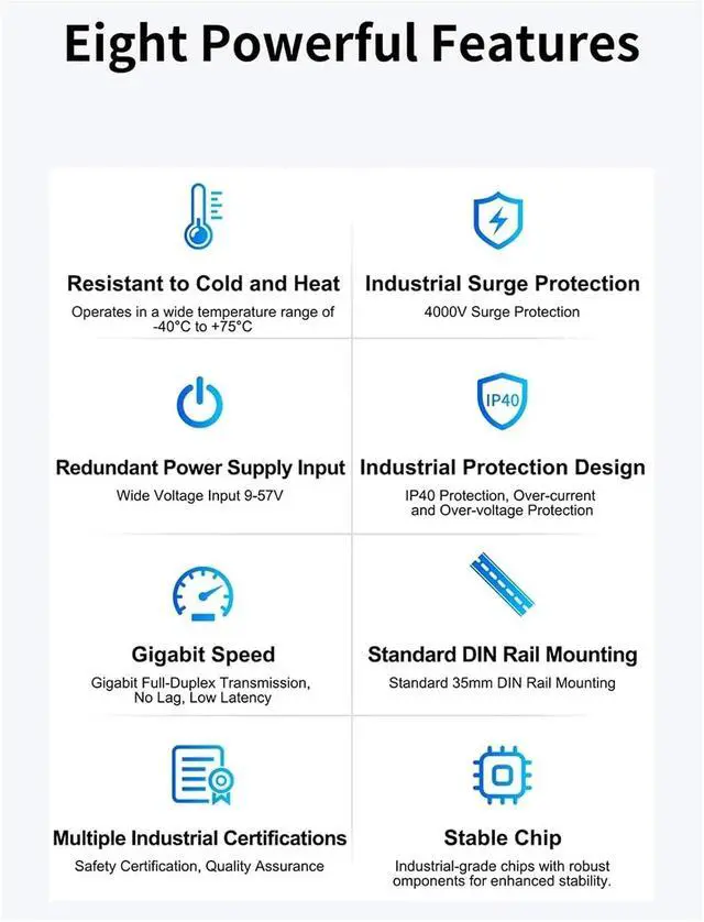 Alt view image 5 of 7 - Network Switch 8 Port Gigabit Industrial Switch 1000Mbps Ethernet Switch DIN Rail Mounted Plug and Play