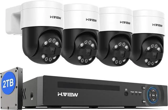 Main image of H.VIEW 4k NVR with 2TB HDD Home PTZ Security Camera System Outdoor Rotating Pan and Tilt 5MP POE 4pcs Surveillance Cameras, Two-Way with Audio, 7/24 Recording