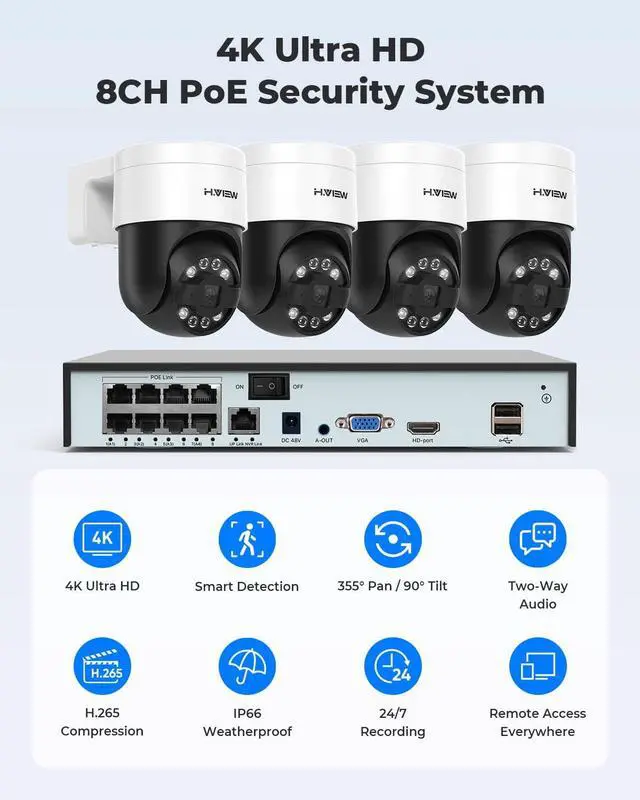 Alt view image 7 of 7 - H.VIEW 4k NVR with 2TB HDD Home PTZ Security Camera System Outdoor Rotating Pan and Tilt 5MP POE 4pcs Surveillance Cameras, Two-Way with Audio, 7/24 Recording