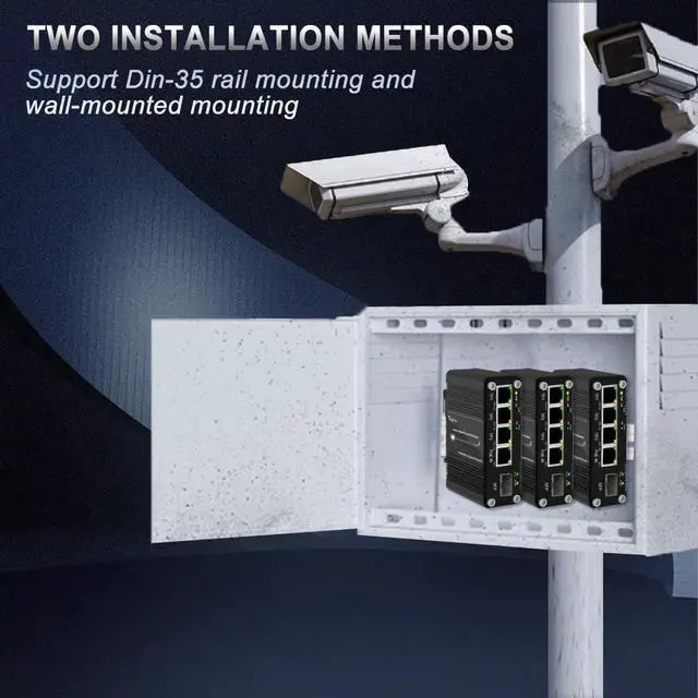Alt view image 5 of 5 - Htfoevrxs Mini Industrial PoE Switch with PD Port & Adjustable DC Output,3-Port Gigabit + 1x PoE PD 10/100/1000M RJ45 & Auto SFP, 12V 60W Max, DIN/Wall Mount