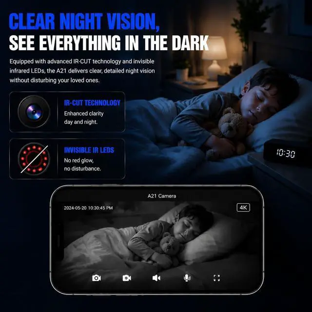 Alt view image 5 of 7 - 4K Indoor Security Camera, Smart Clock Hidden Camera with 150° Wide Angle