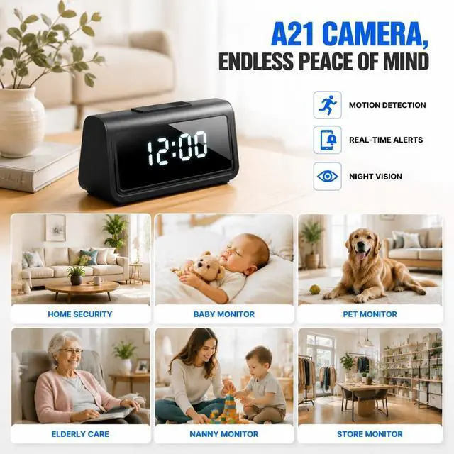 Alt view image 7 of 7 - 4K Indoor Security Camera, Smart Clock Hidden Camera with 150° Wide Angle
