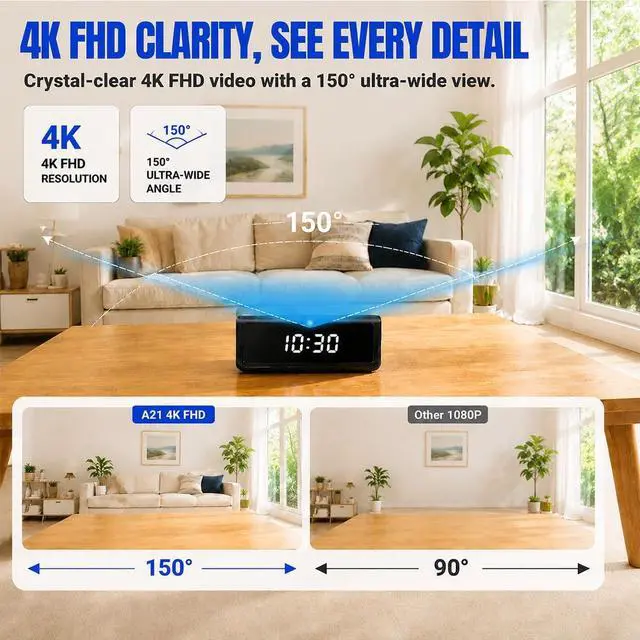 Alt view image 4 of 7 - 4K Indoor Security Camera, Smart Clock Hidden Camera with 150° Wide Angle