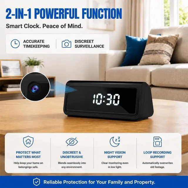 Alt view image 2 of 7 - 4K Indoor Security Camera, Smart Clock Hidden Camera with 150° Wide Angle