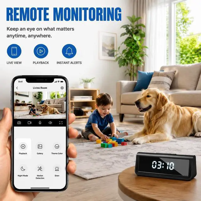 Alt view image 3 of 7 - 4K Indoor Security Camera, Smart Clock Hidden Camera with 150° Wide Angle