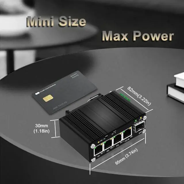 Alt view image 3 of 5 - Htfoevrxs Mini Industrial PoE Switch with PD Port & Adjustable DC Output,3-Port Gigabit + 1x PoE PD 10/100/1000M RJ45 & Auto SFP, 12V 60W Max, DIN/Wall Mount