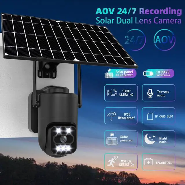 Alt view image 2 of 7 - Solar Powered 4G Security Camera with Dual Lens, 1080P Ultra HD/Two-Way Audio/Human Auto Tracking/IP65 Waterproof/Color Night Vision/Cellular GSM Surveillance CCTV (Black Single Lens)