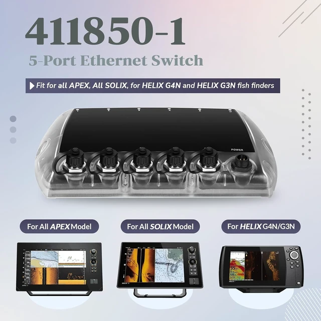 Alt view image 2 of 7 - 5 Port Ethernet Switch & 5 Foot Ethernet Cable Kit, Replace for Humminbird 411850-1 AS ETH 5PGL, 720073-6 AS EC 5E, for APEX SOLIX Helix G4N G3N Fish Finder, Multi-Device Networking w/LED Indicators
