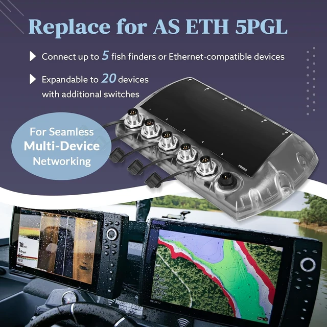 Alt view image 3 of 7 - 5 Port Ethernet Switch & 5 Foot Ethernet Cable Kit, Replace for Humminbird 411850-1 AS ETH 5PGL, 720073-6 AS EC 5E, for APEX SOLIX Helix G4N G3N Fish Finder, Multi-Device Networking w/LED Indicators