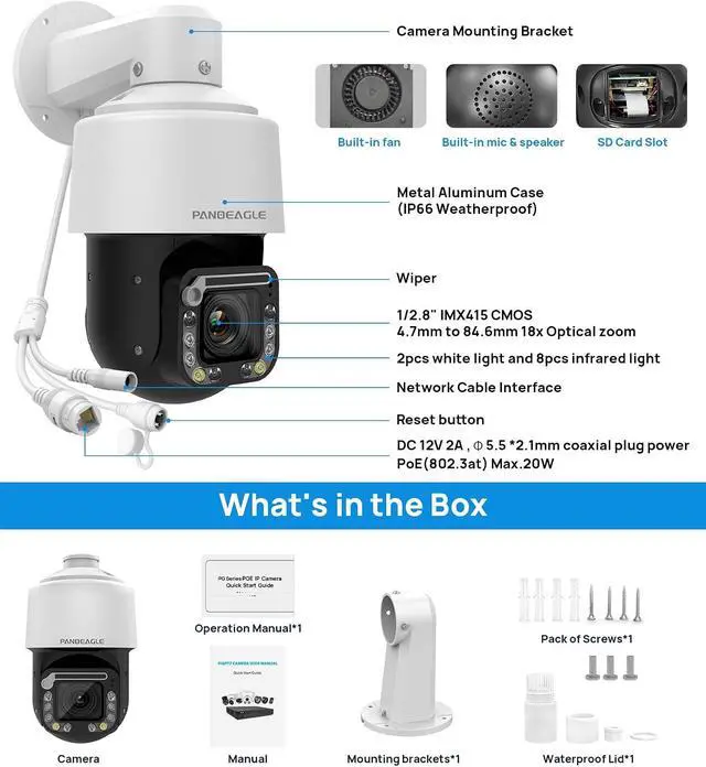 Alt view image 6 of 7 - PANOEAGLE 8MP Auto Tracking 18X PTZ Camera with Wiper, Human/Vehicle Detection, 2-Way Talk, SD(512GB), 262ft EXIR/131ft Full Color Night Vision, 4K Pan Tilt Full Color PoE IP Camera