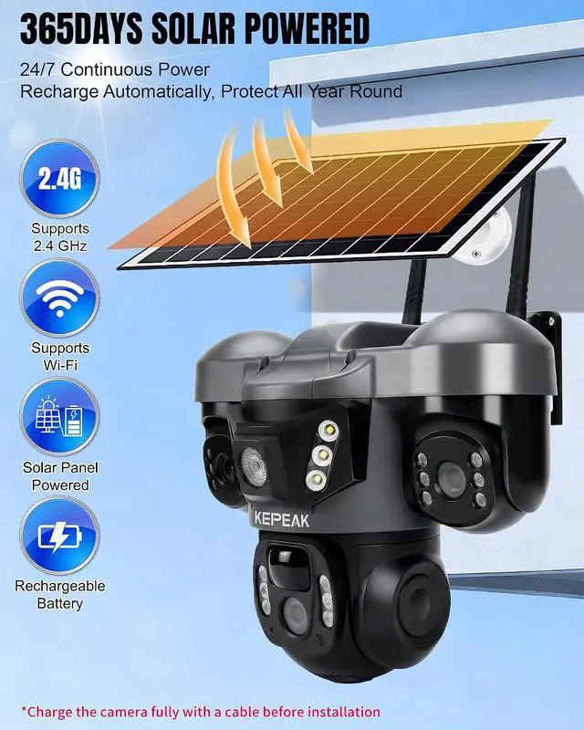 Alt view image 2 of 7 - KEPEAK Solar Security Camera Outdoor Wireless, Triple Lens PTZ Camera, 360° Pan Tilt, Color Night Vision, PIR Motion Detection, Two-Way Audio, Battery Powered, IP66, V380 App
