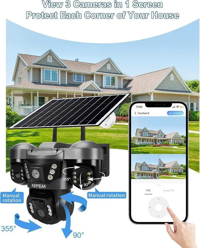 Alt view image 3 of 7 - KEPEAK Solar Security Camera Outdoor Wireless, Triple Lens PTZ Camera, 360° Pan Tilt, Color Night Vision, PIR Motion Detection, Two-Way Audio, Battery Powered, IP66, V380 App