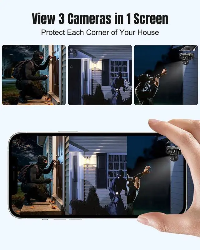 Alt view image 4 of 7 - KEPEAK Solar Security Camera Outdoor Wireless, Triple Lens PTZ Camera, 360° Pan Tilt, Color Night Vision, PIR Motion Detection, Two-Way Audio, Battery Powered, IP66, V380 App