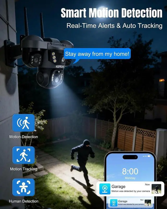 Alt view image 5 of 7 - KEPEAK Solar Security Camera Outdoor Wireless, Triple Lens PTZ Camera, 360° Pan Tilt, Color Night Vision, PIR Motion Detection, Two-Way Audio, Battery Powered, IP66, V380 App