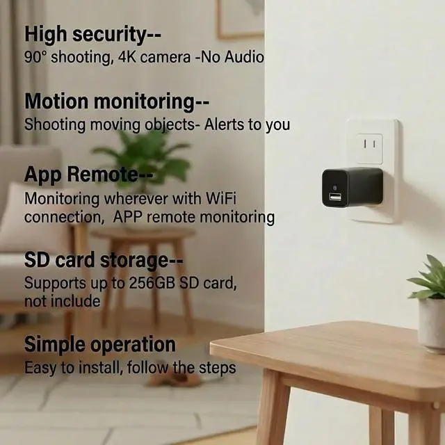 Alt view image 3 of 7 - 4K WiFi USB Charger Camera for Indoor Home & Pet 90° Wide-Angle