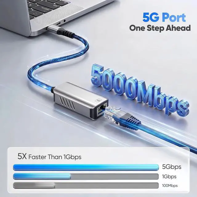 Alt view image 2 of 7 - USB C to 5Gb Ethernet Adapter, 5 Gigabit Network Speed,Aluminum with Thermal Design, Type C, USB C to Ethernet Adapter Compatible with USB4,Plug & Play for MacBook, Laptop, and USB C Devices
