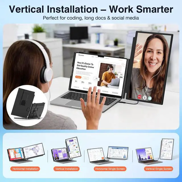 Alt view image 3 of 7 - FLYTOCCA Laptop Screen Extender, 15.6" 1080P FHD IPS Display, Detachable Second Monitor Supports Vertical Mount, Plug & Play, Laptop Monitor Extender for 13"-17.3" Laptops, Windows, Mac, Chrome