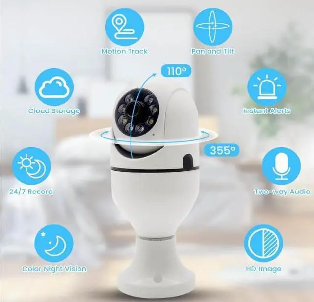 Alt view image 2 of 7 - E26 Light Socket Security Camera - 2K HD WiFi Camera with Night Vision, Motion Detection, Two-Way Audio, Indoor/Outdoor Cameras for Home Security,Support WiFi & 2.4GHz (2)