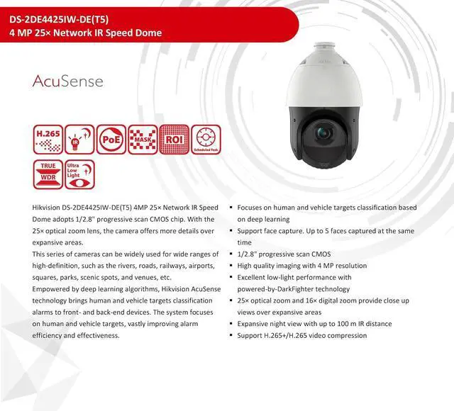 Alt view image 2 of 6 - DS-2DE4425IW-DE, 4MP DarkFighter Network Speed Dome PTZ Camera, 25× Optical & 16× Digital Zoom, 100M Distance, Support Face Capture, Human/Vehicle Detection, IP67, H.265+, Compatible with kconnect