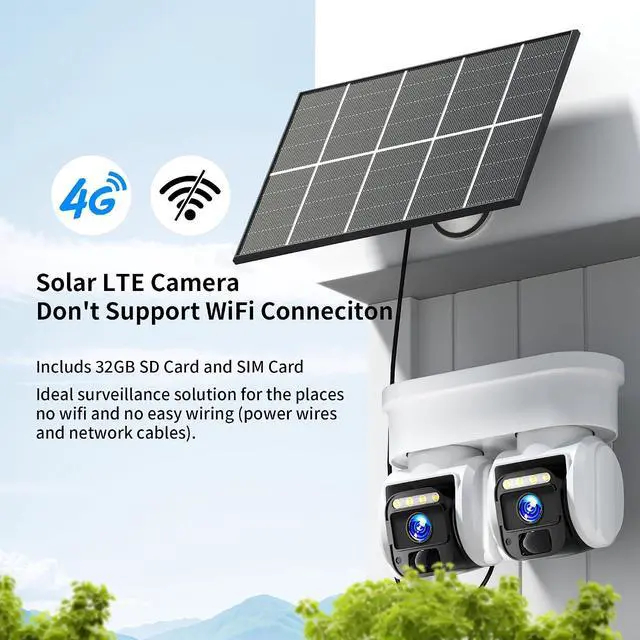 Alt view image 2 of 7 - 4G LTE Cellular Solar Security Camera, No WiFi with 3MP 2K HD, AI Motion Detection, Dual Lens 360° View, Color Night Vision, 2-Way Talk, IP66 Weatherproof, SIM Card Included (Dual-Lens)