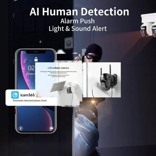 Alt view image 4 of 7 - 4G LTE Cellular Solar Security Camera, No WiFi with 3MP 2K HD, AI Motion Detection, Dual Lens 360° View, Color Night Vision, 2-Way Talk, IP66 Weatherproof, SIM Card Included (Dual-Lens)