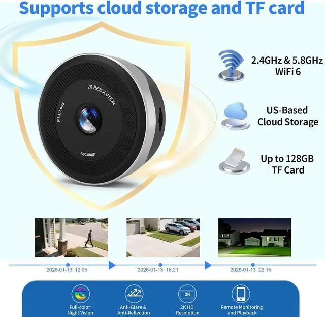 Alt view image 3 of 7 - Window Camera for Home Security, 2K 3MP Indoor Security Camera with 64GB Card, WiFi 6 Dual Band 2.4/5.8GHz, UltraColor Night Vision, AI Human Detection, 105° Wide View, Glass Mount No Drill