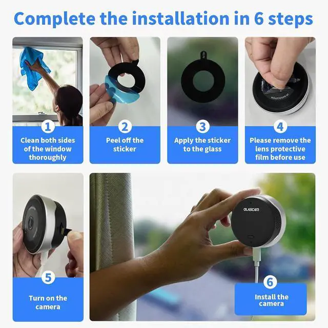 Alt view image 4 of 7 - Window Camera for Home Security, 2K 3MP Indoor Security Camera with 64GB Card, WiFi 6 Dual Band 2.4/5.8GHz, UltraColor Night Vision, AI Human Detection, 105° Wide View, Glass Mount No Drill