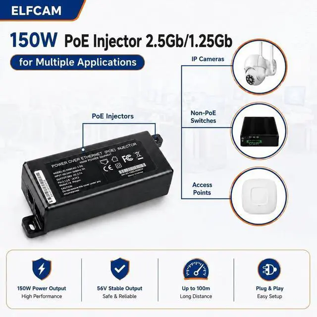 Alt view image 3 of 7 - Elfcam - 150W PoE Injector 2.5Gb/1.25Gb for Starlink Gen 3 and Gen 2, Passive PoE Injector with 3KV Overvoltage Protection, Play & Plug, Input 100-240V AC and Output 150W 48V-56V
