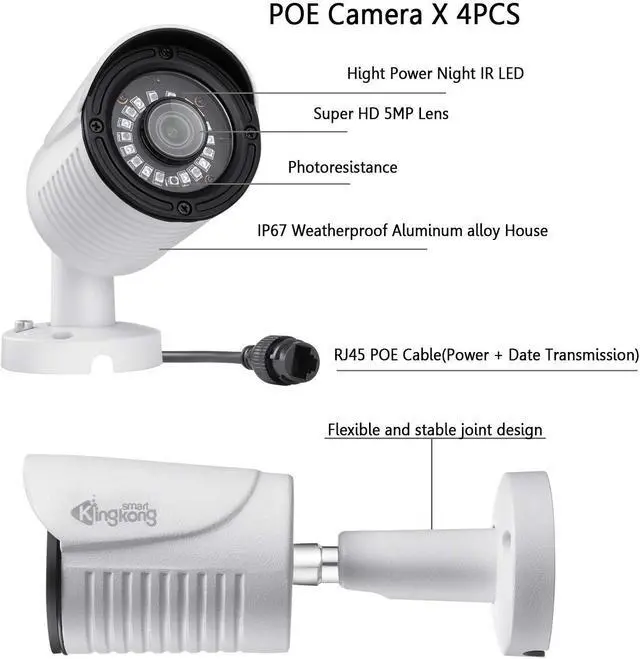 Alt view image 2 of 7 - 5MP Poe Home Security Camera System, 8CH NVR Recorder, 4pcs POE IP Camera Outdoor, 2592X1944P, 3.6mm Lens, 100ft Night Vision, IP67 Waterproof, Motion Alert H.265 (White)
